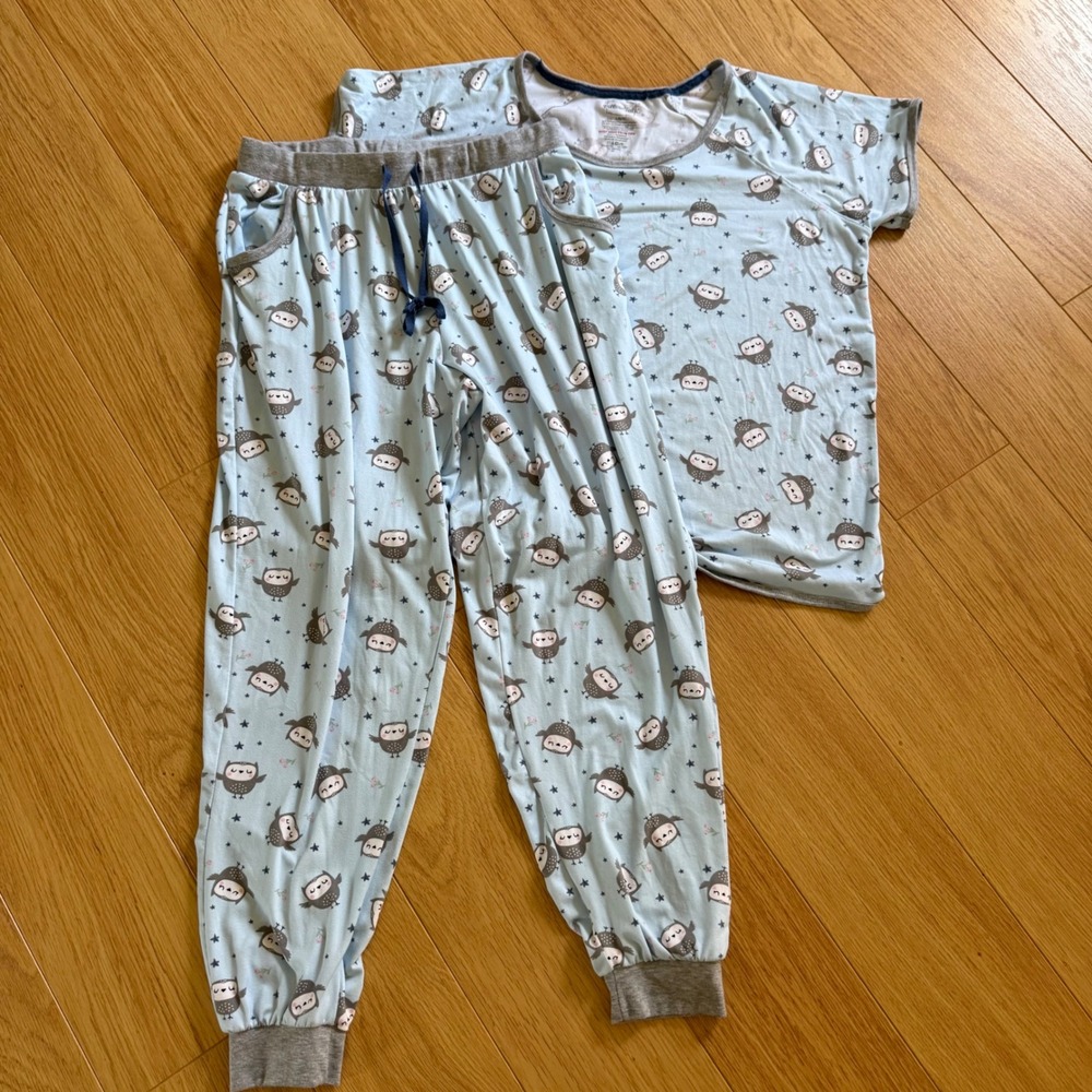 Pillow Talk Pajama Set Women L Blue Owl Print Short Sleeve Jogger 2pc Loungewear